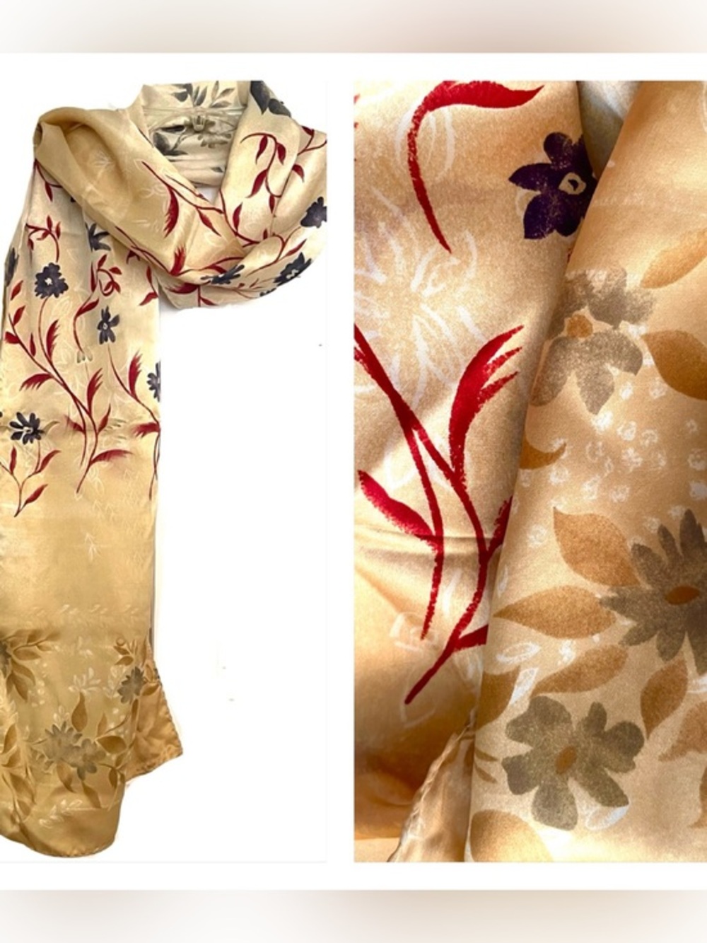 Silk Floral Scarf in Golden Cream with Red & Blue Accents!